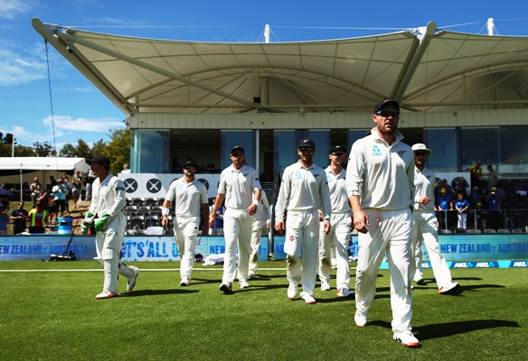 Brendon McCullum of New Zealand leads his team out during his final day of the Christchurch Test 