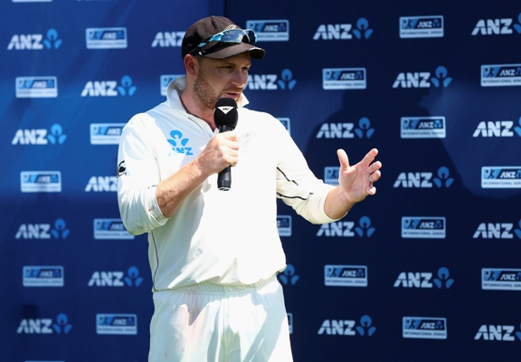 Brendon McCullum of New Zealand speaks during the presentation after his final Test 