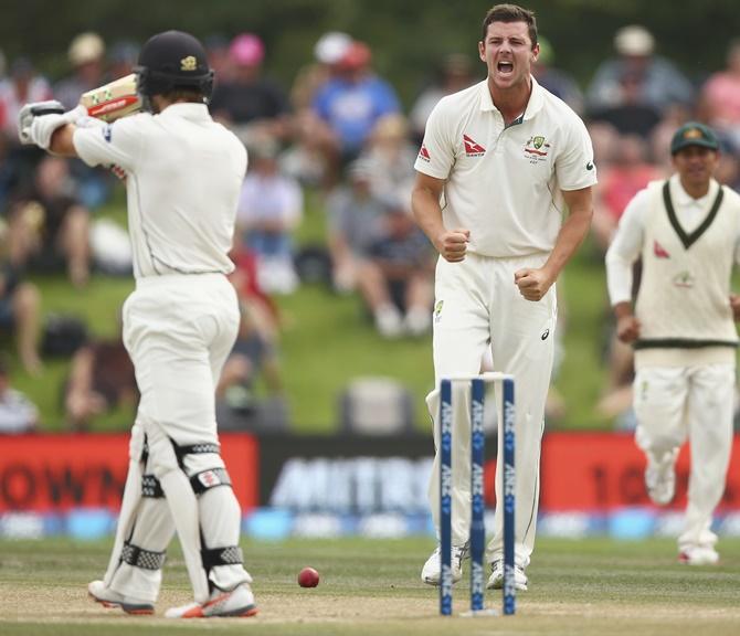 Australia's Josh Hazlewood reacts 