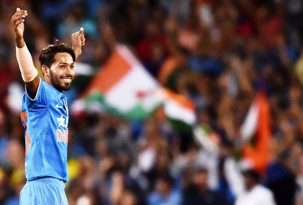Hardik Pandya of India celebrates a wicket