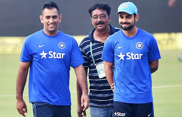 Indian Captain MSDhoni and Virat Kohli inspect the pitch 