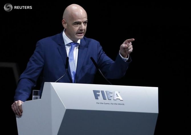 Gianni Infantino of Italy and Switzerland makes a speech
