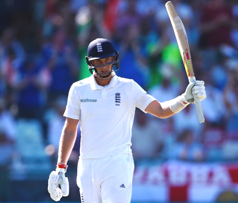 Joe Root of England celebrates his 50 runs 