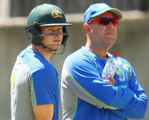 Steve Smith (left) and coach Darren Lehmann look on 