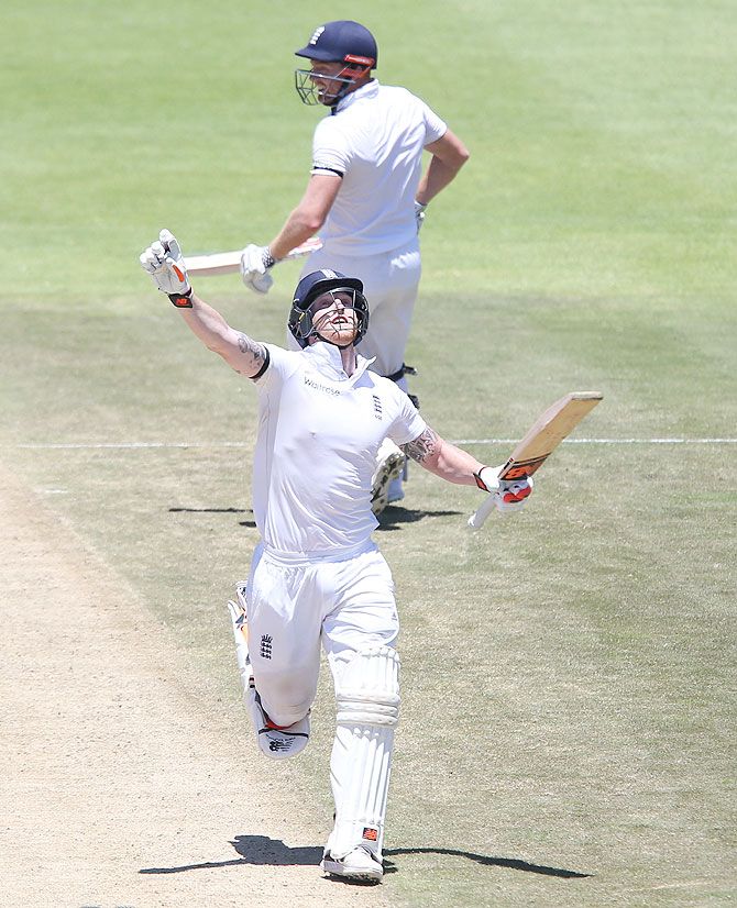 England's Ben Stokes celebrates his double century against South Africa on Day 2 of the 2nd Test at PPC Newlands in Cape Town on Sunday