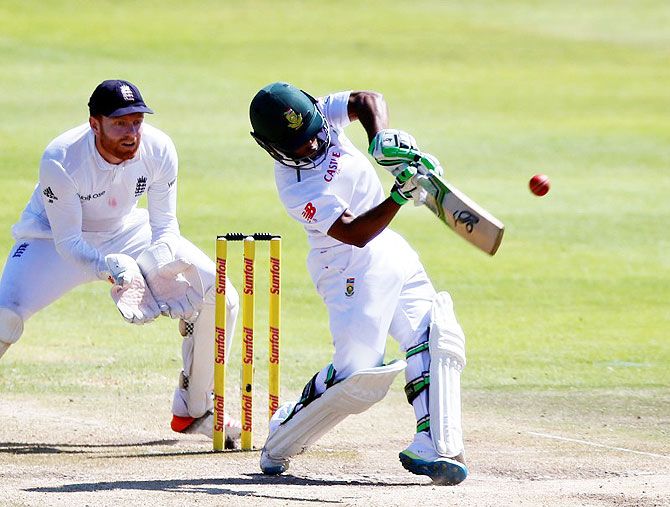 South Africa's Temba Bavuma (right) plays a shot en route his century