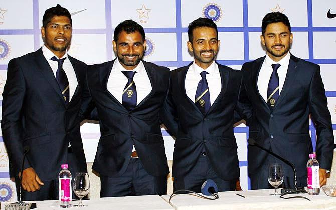 India's Umesh Yadav, Mohammed Shami, Ajinkya Rahane and Manish Pandey at the BCCI media meet in Mumbai