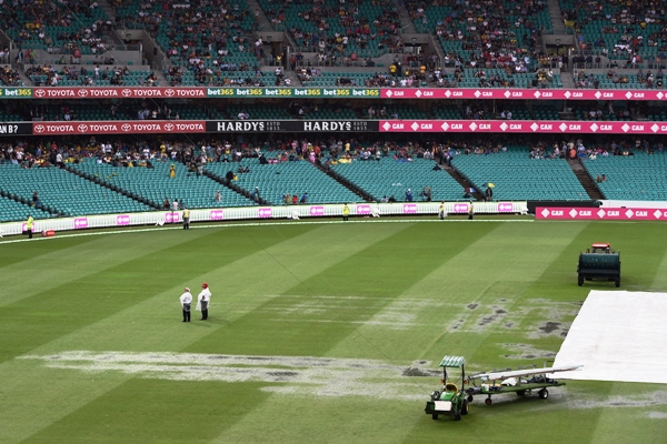 Play is suspended due to rain during the third Test match between Australia and West Indies in Sydney 