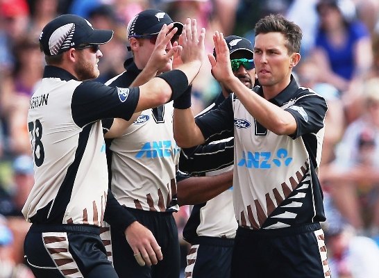 Trent Boult of the Black Caps celebrates the wicket 