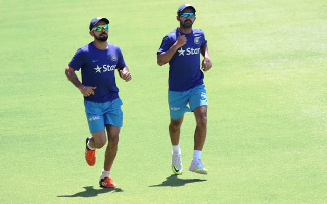 India's Virat Kohli and Ajinkya Rahane during a training session 