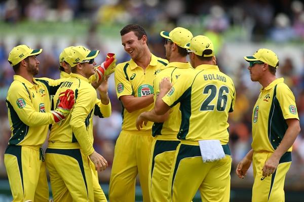 Josh Hazlewood of Australia celebrates the wicket of Shikhar Dhawan 