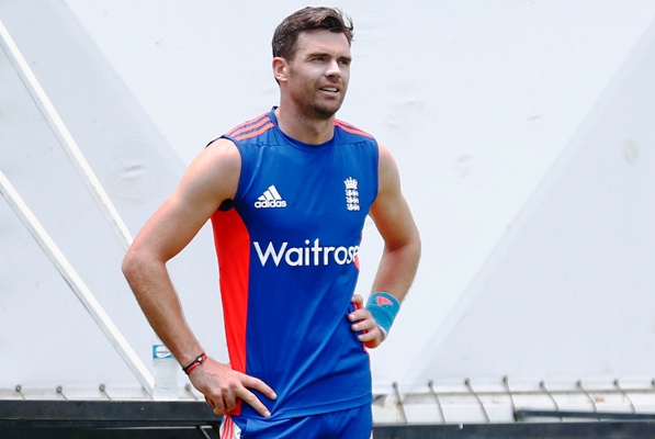 James Anderson of England looks on during a training session 