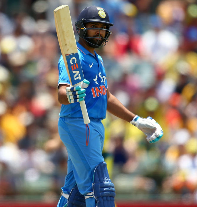 India's Rohit Sharma celebrates his century in the first ODI against Australia in Perth 