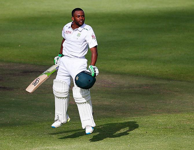 South Africa's Temba Bavuma celebrates scoring a century during the second cricket Test match against England in Cape Town on Tuesday