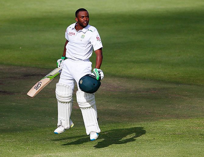 South Africa's Temba Bavuma celebrates scoring a century during the second cricket Test match against England in Cape Town on Tuesday