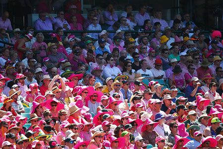 Spectators wear pink during 'Jane McGrath Day' during day three of the Fourth Test match between Australia and India at Sydney Cricket Ground