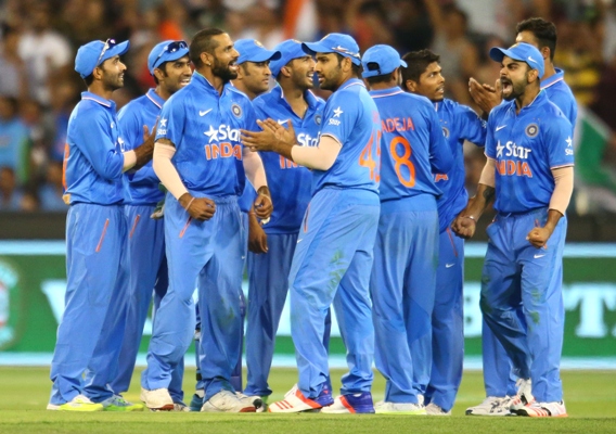 Indian team celebrates a wicket in the ODI series against Australia 