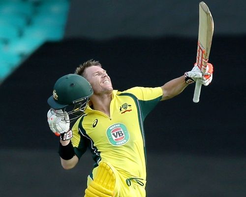 Australia's David Warner celebrates and acknowledges the crowd after scoring a century against India on Saturday