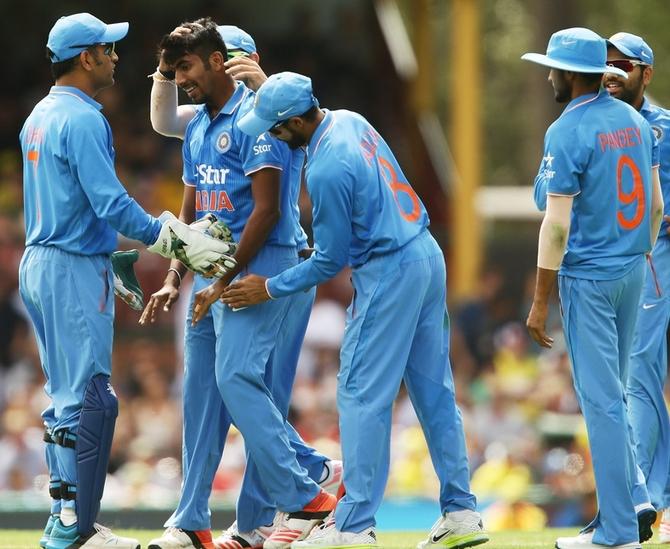 Jasprit Bumrah of India celebrates the wicket 