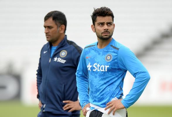 India's Mahendra Singh Dhoni and Virat Kohli during a training session 