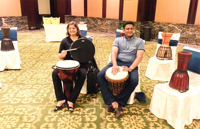 Singer-actor Vasundhara Das and Anil Kumble play the drums