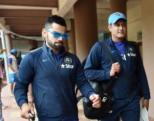 Captain Virat Kohli and Coach Anil Kumble arrive for a training session, July 2016. Photograph: PTI