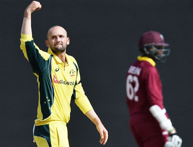 Australia's Nathan Lyon celebrates a West Indies wicket during their match on Sunday