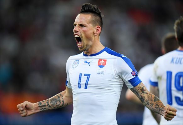 Marek Hamsik of Slovakia celebrates scoring his side's second goal during the UEFA EURO Group B match against Russia