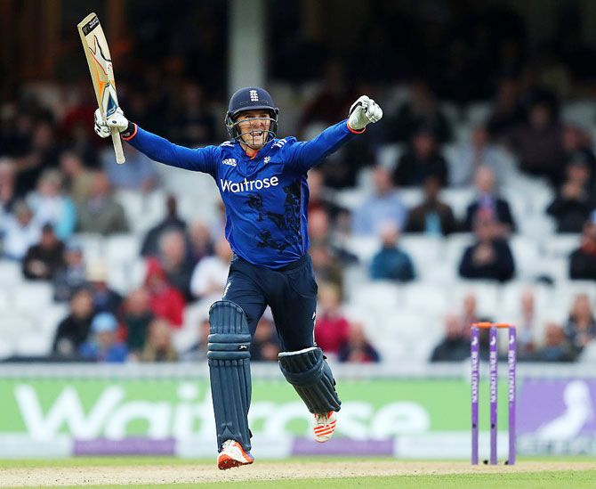 England's Jason Roy celebrates reaching his century during the 4th ODI against Sri Lanka at The Kia Oval in London on Wednesday