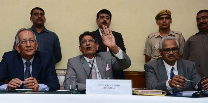  Chairman of the Supreme Court-appointed committee for reforms in Indian cricket Justice Rajendra Mal Lodha is flanked by Justice Ashok Bhan (left) and Justice R V Raveendran at a press conference
