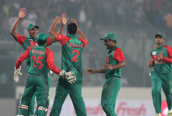 Bangladesh players celebrate a wicket during the Asia Cup 