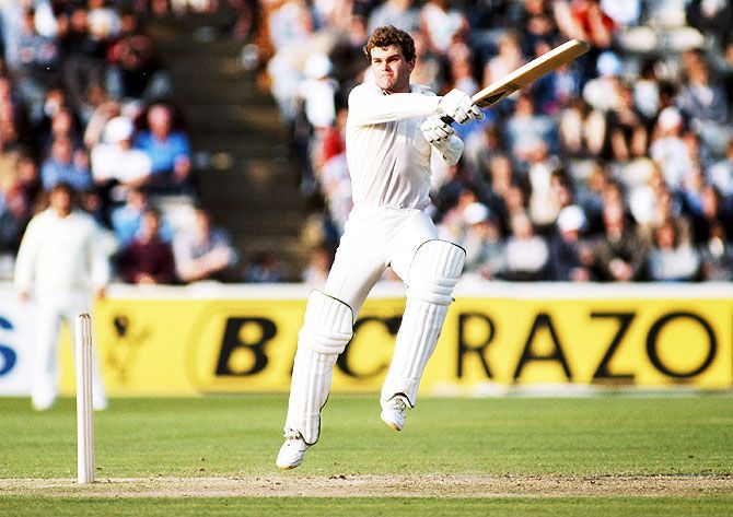 New Zealand batsman Martin Crowe goes airbourne as he cuts a ball towards the boundary during day five of the 4th Cornhill Test match between England and New Zealand at the Oval on July 18th, 1986 in London