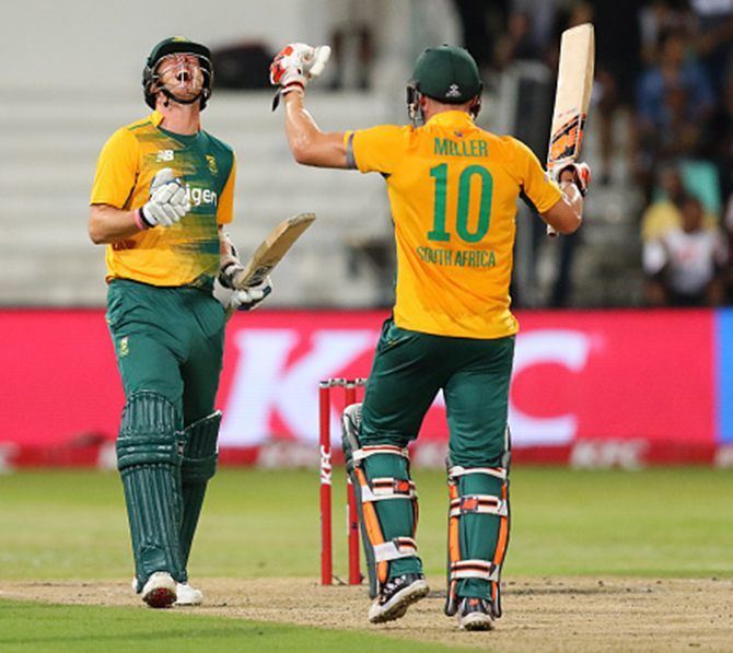 David Miller, who scored an unbeaten 53, and Kyle Abott celebrate after South Africa beat Australia in the first KFC T20 International at the Sahara Stadium, Kingsmead, March 5, 2016. Photograph: Anesh Debiky/Gallo Images/Getty Images