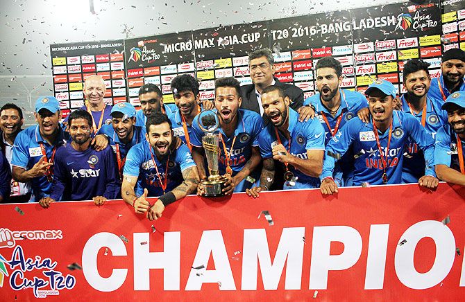 Indian team celebrates after winning the Asia Cup 2016 final against Bangladesh at the Shere Bangla National Stadium in Dhaka, on Sunday