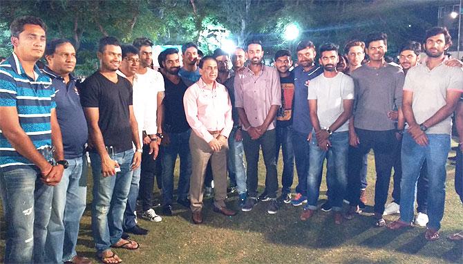 Former India and Mumbai captain Sunil Gavaskar with the Mumbai Ranji team during their felicitation ceremony at the CCI in Mumbai on Wednesday