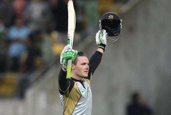 Brendon McCullum of New Zealand celebrates winning the second Twenty20 International against India at Westpac Stadium in Wellington 