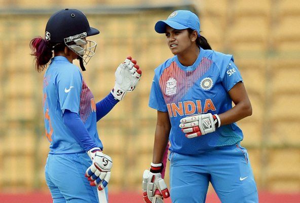 India's Mithali Raj and Velaswamy Vanitha during the women's World T20 match against Bangladesh at Chinnaswamy Stadium in Bengaluru