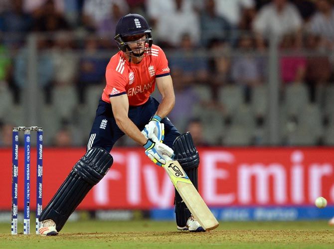 Jos Buttler hits out during the ICC World T20 match in Mumbai, on Wednesday