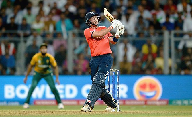 England's Joe Root hits a six during his match-winnings innings against South Africa at the ICC World Twenty20 India 2016 Super 10s Group 1 match at Wankhede Stadium in Mumbai on Friday