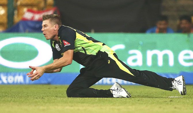 Australia's James Faulkner takes a catch to dismiss Bangladesh's Sabbir Rahman off the bowling of Shane Watson