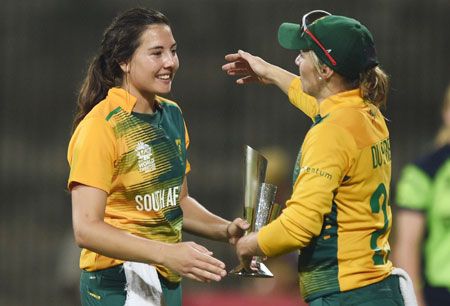 South Africa Suné Luus greeted by her skipper after win over Ireland during the ICC Womens World T20 match at the MAC Stadium in Chennai on Wednesday