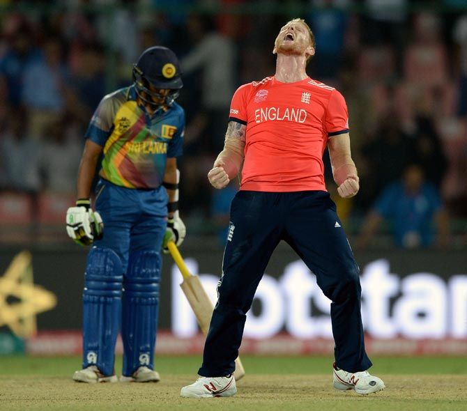 Ben Stokes celebrates after England beat Sri Lanka in the ICC World T20 in New Delhi, March 29, 2016. Photograph: Gareth Copley/Getty Images