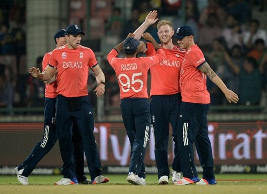 The English team celebrates another New Zealand wicket, March 30, 2016. Photograph: Gareth Copley/Getty Images