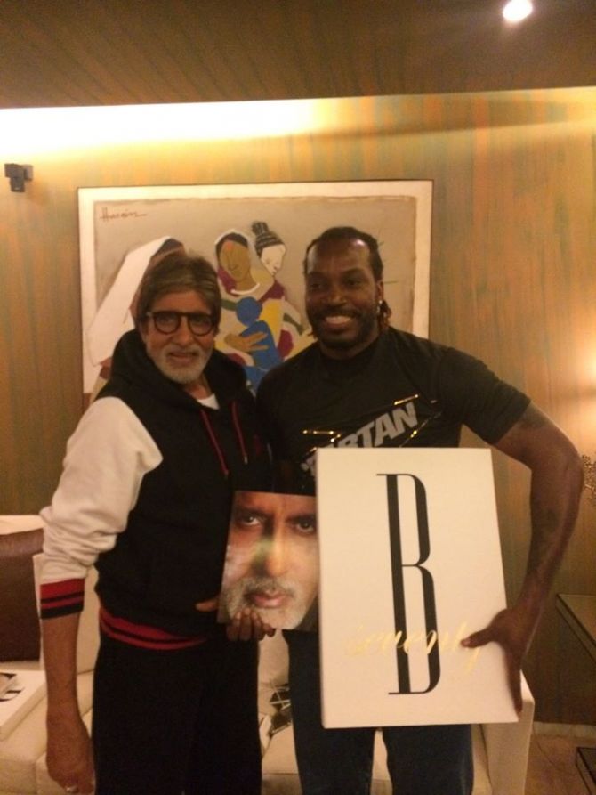 West Indies opener Chris Gayle and Bollywood superstar Amitabh Bachchan bond in Mumbai