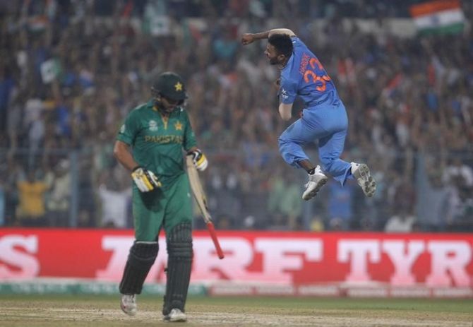 Hardik Pandya celebrates taking the wicket of Pakistan's captain Shahid Afridi