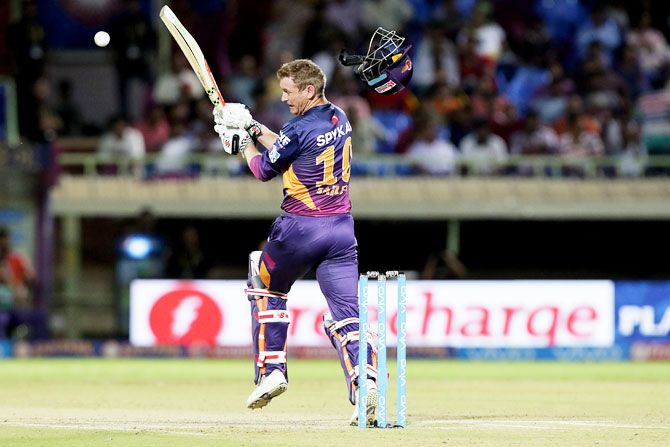 Pune Supergiants' George Bailey gets hit on the face by a Nathan Coulter-Nile bouncer during their Indian Premier League match in Visakhapatnam on Tuesday