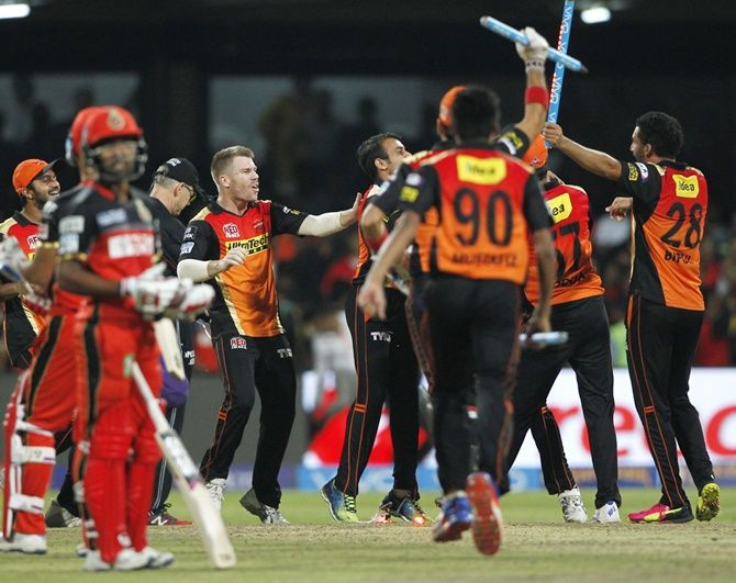 Sunrisers Hyderabad Captain David Warner, centre, celebrates with team-mates after winning IPL 2016. Photograph: BCCI.