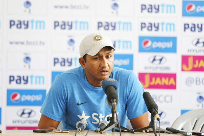 India's batting coach Sanjay Bangar during a press conference after the opening day's play of the first Test between India and England at the Saurashtra Cricket Association Stadium in Rajkot on Wednesday