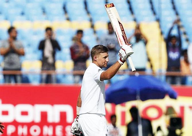 England's Joe Root celebrates after scoring his century on Wednesday