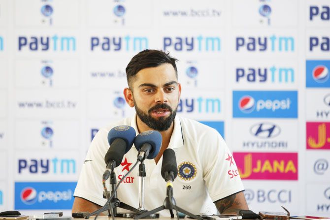 India captain Virat Kohli speaks during the press conference after the first Test at the Saurashtra Cricket Association Stadium in Rajkot on Sunday